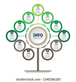 Vertical Green infographics. Tree of development and growth of the business. Time line of trends. Eco Business concept with 11 options, steps or processes. Timeline with eleven parts.