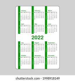 Vertical green pocket calendar on 2022 year. template calendar for business on white background. Week starts from Sunday. Vector pocket calendar on 2022.