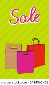 Vertical green striped background with the inscription sale, different paper bags, banner, vector, backdrop, shop, buy, gift, discounts, interest.