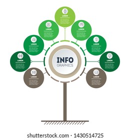 Vertical Green Time line infographics. Tree of development and growth of the business. Timeline of trends. Eco Business concept with 9 options, parts, steps or processes. Vector.