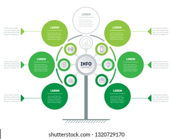 Vertical Green Timeline infographics. Tree of development and growth of the business. Time line of tendencies. Eco Business concept with 6 or 7 options, parts, steps or processes.