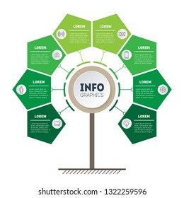 Vertical Green Timeline infographics. Tree of development and growth of the business. Time line of trends. Eco Business concept with 8 options, parts, steps or processes.