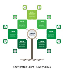 Vertical Green Timeline infographics. Tree of development and growth of the business. Time line. Eco Business concept with 7 options, parts, steps or processes.