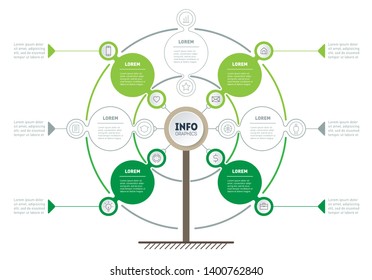 Vertical Green Timeline infographics. Tree of development and growth of the business. Time line of tendencies and trends graph. Eco Business concept with 4 or 7 options, parts, steps or processes.