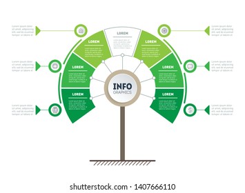 Vertical Green Timeline infographics. Tree of development and growth of the business. Time line of tendencies and trends graph. Eco Business concept with 6 or 7 options, parts, steps.