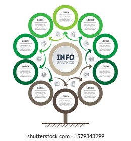 Vertical Green Timeline infographics. Tree of development and growth of the business. Time line of trends. Eco Business concept with 10 options, parts, steps. Cyclical process info graphics.