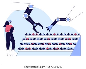 Vertical greenhouse gardens. Growing micro greens. Smart farm with wireless control. Robot farmers in the vertical farm for increase efficiency, growing a seed, harvesting. Vector illustration.