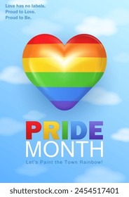 Tarjeta de felicitación de la Vertical con el corazón del arco iris hinchado 3d en el cielo puro y texto para la celebración del mes del orgullo. Afiche azul suave con la bandera LGBTQ+ en forma de corazón como símbolo de amor, aceptación, diversidad