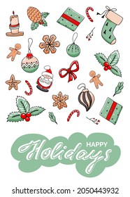 Vertical greeting card with Christmas elements and letterig. Happy holidays. Vector illustration in hand drawn style.