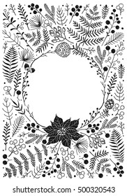 Vertical greeting card for Christmas and New Year. Vector illustration with window of design floral element for Christmas. Hand-drawn illustration in rustic style.
