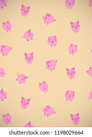 Vertical greeting card with cute cartoon pink pigs, apples and acorns on yellow. Vector illustration. Portrait orientation.