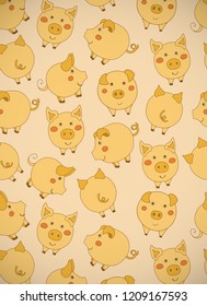 Vertical greeting card with cute cartoon yellow pigs. Vector illustration. Portrait orientation.