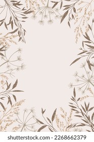 Vertical greeting card with dry grass. Cover template with plants. Natural tones. Botanical background with copy space. Engraving. Layout border for greeting card, postcards, logos, covers, labels.