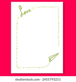 Vertical greeting card with "Love" written in one corner and a paper airplane in the other. Perfect for expressing affection, sending messages, and romantic occasions