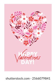 Vertical greeting card to Saint Valentine's Day with floral ornament in heart shape. Cute pink banner with flowers, plants, botanical elements, berries, butterfly. Flat trendy design. Romantic 