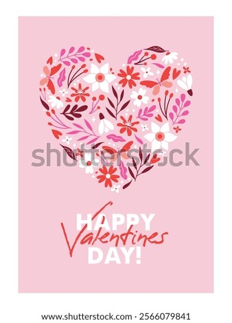 Vertical greeting card to Saint Valentine's Day with floral ornament in heart shape. Cute pink banner with flowers, plants, botanical elements, berries, butterfly. Flat trendy design. Romantic 
