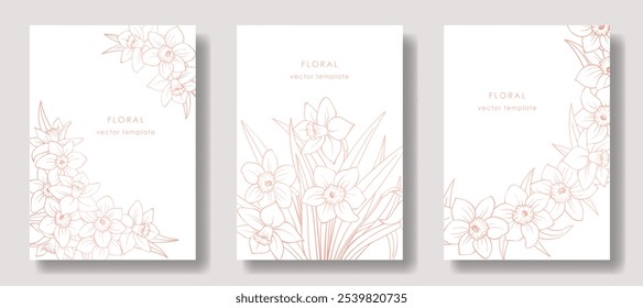 Vertical greeting card set with pink outline daffodil flowers frame on white background. Hand drawn narcissus line sketch. Vector floral template of wedding invitation, poster or cover, spring design.