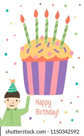 Vertical greeting card template with Happy Birthday wish, cute boy holding giant cupcake decorated with candles and colorful festive confetti on background. Vector illustration in flat cartoon style.