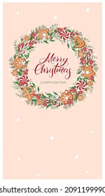 Plantilla de tarjeta de saludo vertical para vacaciones de invierno. Feliz corona navideña con texto. Ilustración vectorial.