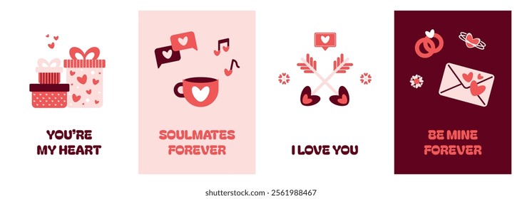 Vertical greeting cards Valentine's Day set. Valentine's day concept posters. Love sale flyer template, poster, label, ad, copy space, cover, banner design, Minimalistic trendy templates for branding