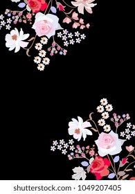Vertical greeting or invitation card with bouquet of garden flowers on black background in vintage style. Space for text. Vector image.