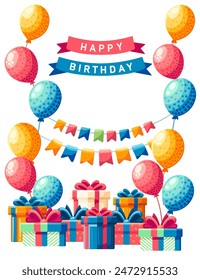 Diseño de tarjeta de felicitación de Vertical con cajas de regalo de globos y Ilustración vectorial de Anuncio de FELIZ CUMPLEAÑOS aislado sobre fondo blanco