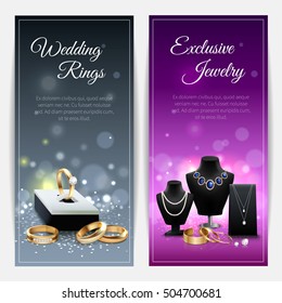 Vertical Grey And Purple Realistic Banners With Wedding Rings And Exclusive Jewelry Isolated Vector Illustration