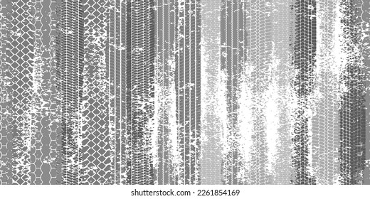 Vertical grey tire tread print or car track with grunge effect seamless pattern. Footprint of bike or vehicle wheels with texture. Top view of rubber protector marks on road. Vector background
