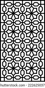 Vertical grill or Jaali design template for CNC laser cutting. An Arabic pattern design or 'arabesque' in vector editable format.