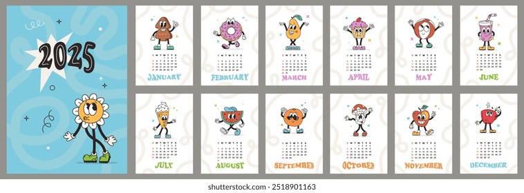 Vertical groovy calendar 2025 design. Funny retro characters. Week starts on Sunday. 12 month planner template. Vector illustration vintage style