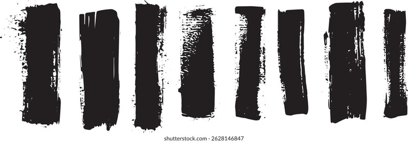 Vertical Grunge Brush Stroke Set, Distressed Black Ink Lines for Modern Graphic Design