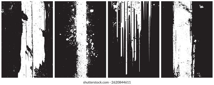 Vertical Grunge Drip and Paint Stroke Texture Set in Black and White