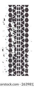 Vertical grunge tire track featuring a hexagonal tread pattern leaves a striking trail on a white background, creating a dynamic, distressed effect that captures movement and adventure