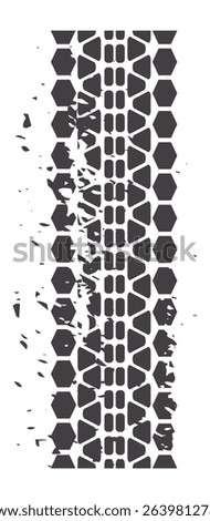 Vertical grunge tire track featuring a hexagonal tread pattern leaves a striking trail on a white background, creating a dynamic, distressed effect that captures movement and adventure