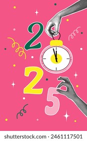 Vertikale Halbtoncollage. 2025 Konzept des Urlaubs, Spaß. Menschliche Hand, die Weihnachtsbaum Spielzeug mit Zifferblatt hält, Nummer 5. Vektorillustration für Grußkarte, Einladung, Web Banner, Social Media Banner