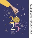 Vertical halftone collage for 2025 New year party. Female hand holding glittering Christmas tree toy. Vector illustration for greeting card, invitation, web banner, social media banner