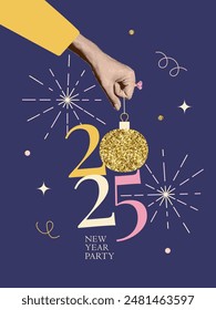 Collage de medios tonos de Vertical para la fiesta del año Nuevo 2025. Mano femenina sosteniendo brillante árbol de Navidad de juguete. Ilustración vectorial para tarjeta de felicitación, invitación, Anuncio de Web, Anuncio de redes sociales