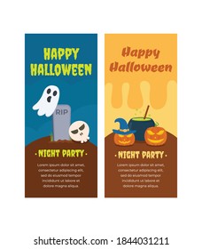 Vertical Halloween Banner. 2 vertical banner options. One option with illustrations of graves, skulls, and ghosts. One more option with the illustration of a witch’s pumpkin making a potion