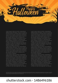 Vertical Halloween Banner. Vector landscape with dark silhouette of house, tree, graveyard. cat and bats on orange background and text happy halloween with grunge paint.