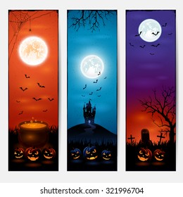 Vertical Halloween banners with castle, pumpkins on graveyard, and witches pot, illustration.