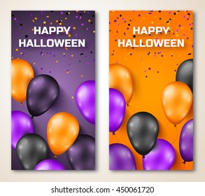 Vertical Halloween Banners Set. Vector Illustration. Black, Violet and Orange balloons. Night Party Decorations, Confetti.