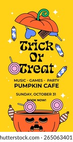 Vertical Halloween event poster design featuring playful cartoon elements like a pumpkin head, lollipops, chocolate bars, and Halloween-themed text. Ideal for party promotions, digital invitations