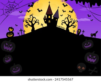 Vertical Halloween frame background full moon and hall silhouette purple