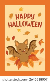 Vertical Halloween greeting card with "Happy Halloween" text, falling autumn leaves, and a playful cartoon bat playing in the foliage. Orange background, fun festive vector for kids and decor.