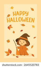 Cartão de saudação de Halloween vertical com texto "Feliz Halloween", fundo laranja, folhas de outono caindo, e uma bruxa animada alegre andando com vassoura através da colorida folhagem de queda.