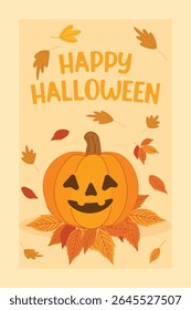 Vertical Halloween greeting card with "Happy Halloween" text, cheerful jack-o’-lantern pumpkin surrounded by falling autumn leaves on bright orange background. Fun seasonal vector illustration.