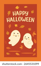 Vertical Halloween greeting card with "Happy Halloween" text, flying cheerful ghosts and falling autumn leaves on orange background. Fun and festive flat cartoon vector for seasonal decoration.