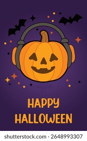 Vertical Halloween greeting card "Happy Halloween" text on purple background featuring smiling pumpkin wearing big headphones, surrounded by flying bats Fun festive cartoon vector design IT industry