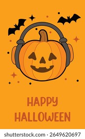 Vertical Halloween greeting card "Happy Halloween" text Orange background featuring smiling pumpkin wearing big headphones, surrounded by flying bats Fun festive vector design IT industry Music lover