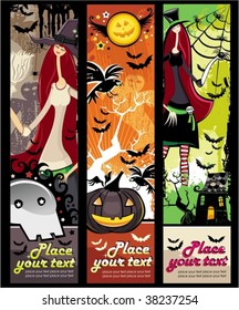 Vertical Halloween grunge banners with witch, zombie, pumpkin, skull, bat, spiders, raven, tree, ghost, house.